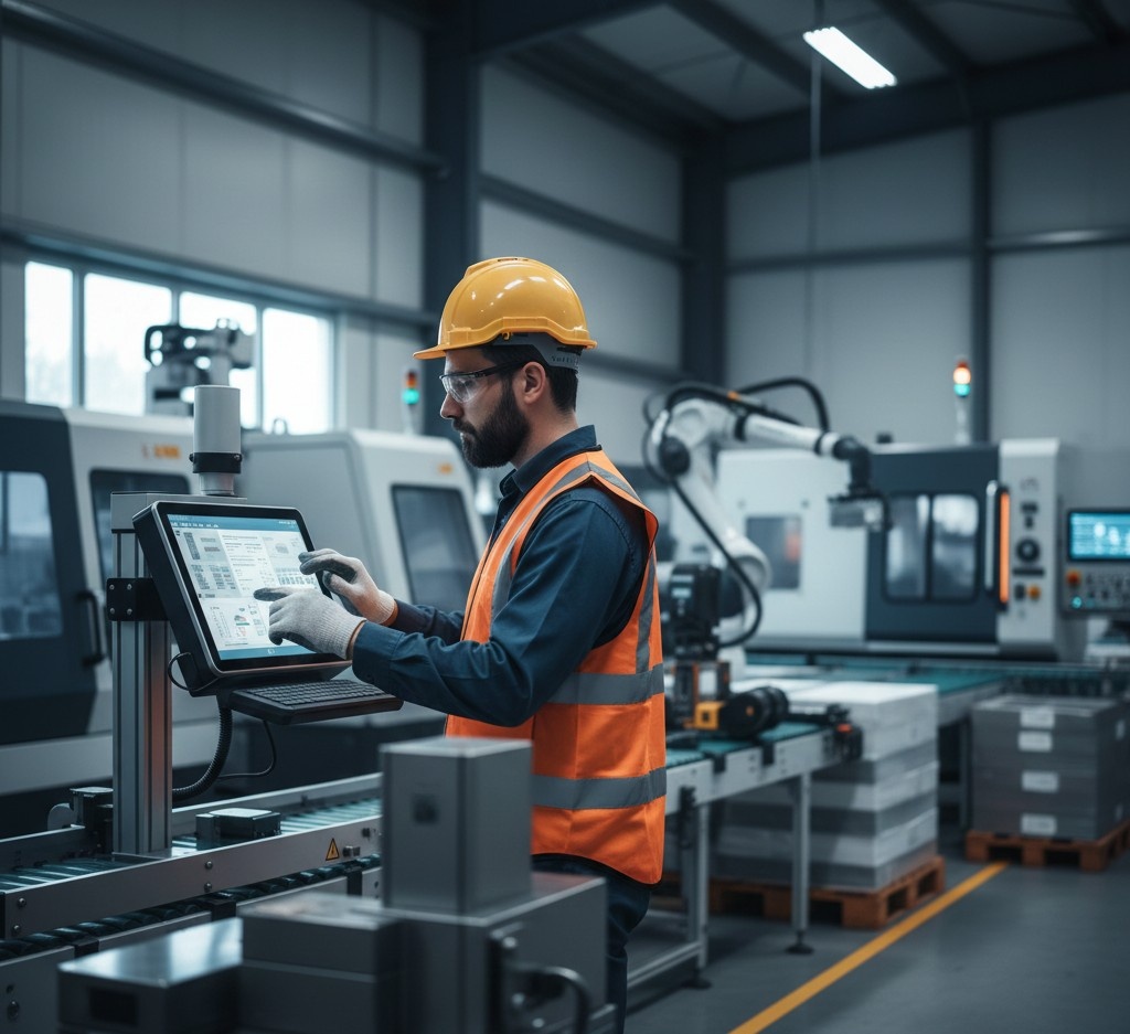 Trabajador con tablet en fábrica