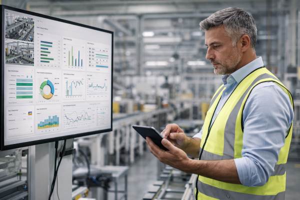 Trabajador con tablet en fábrica